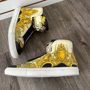 Versace Cream Tigris Print Leather Palazzo Medusa High Top Sneakers